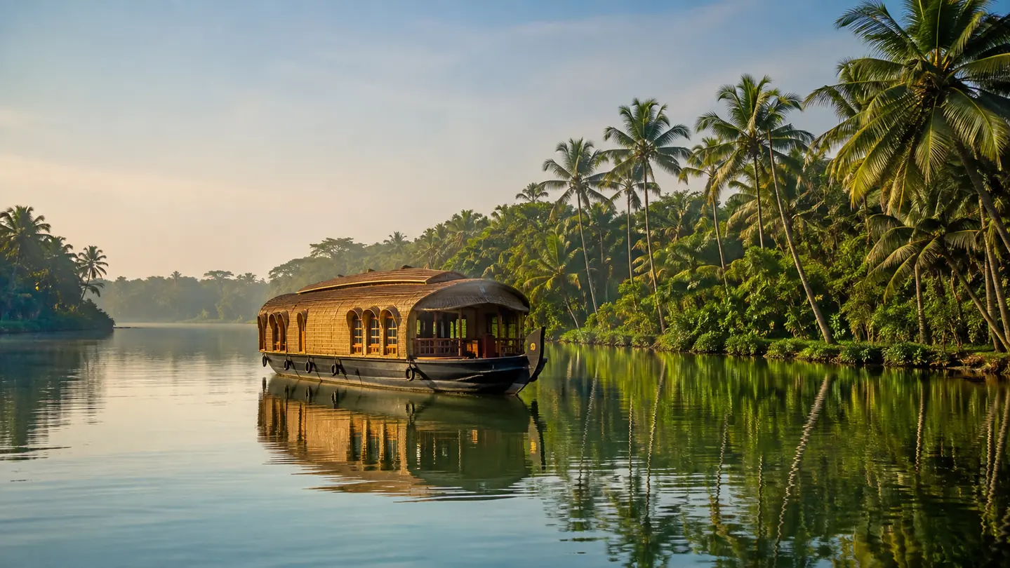 Kerala houseboat moving through calm palm-lined backwaters